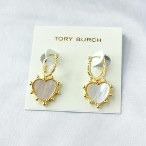 Tory Burch Semi Precious Heart Mother Of Pearl Drop Earrings in Gold